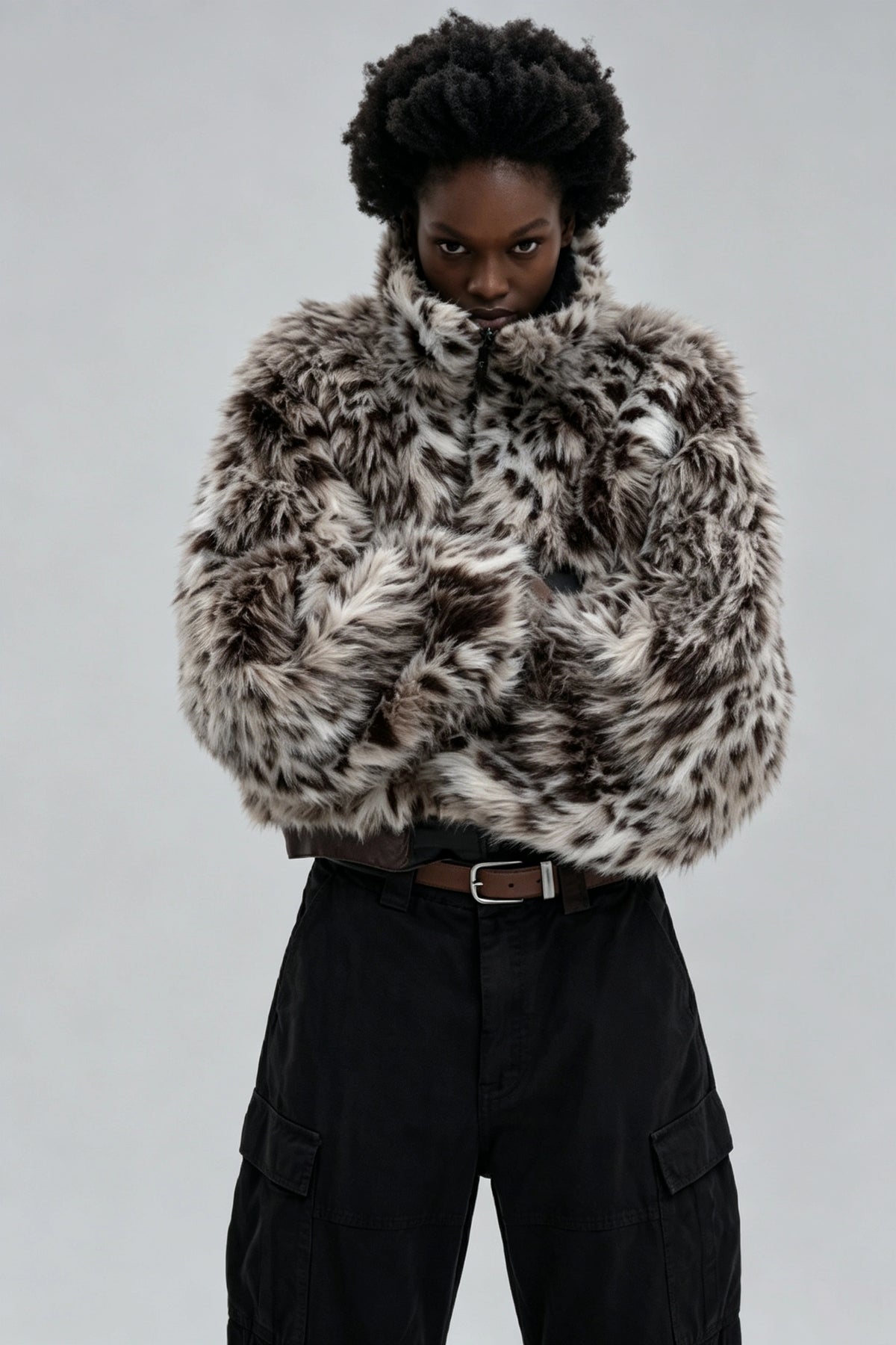 Snow Leopard Print Faux Fur Cropped Stand Collar Jacket