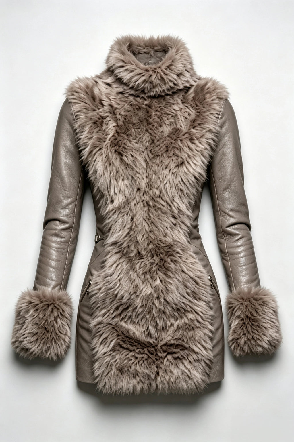 Mid‑Length Fitted Winter Coat Faux Fur Panel Faux Leather Sleeves