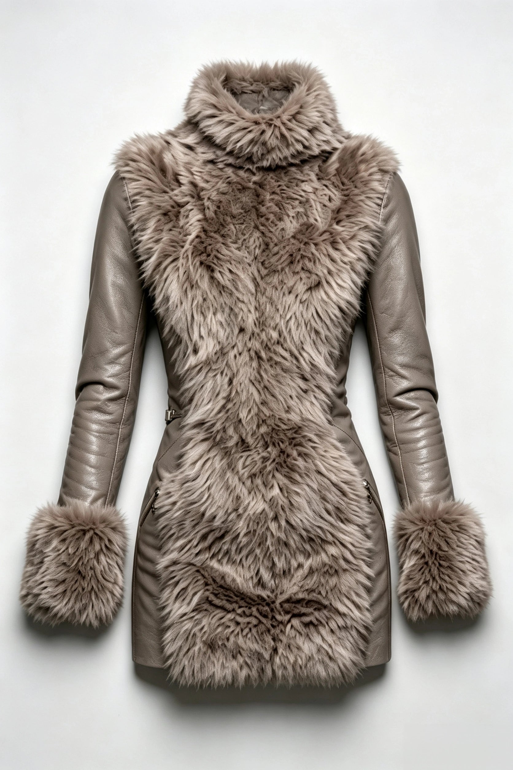 Mid‑Length Fitted Winter Coat Faux Fur Panel Faux Leather Sleeves