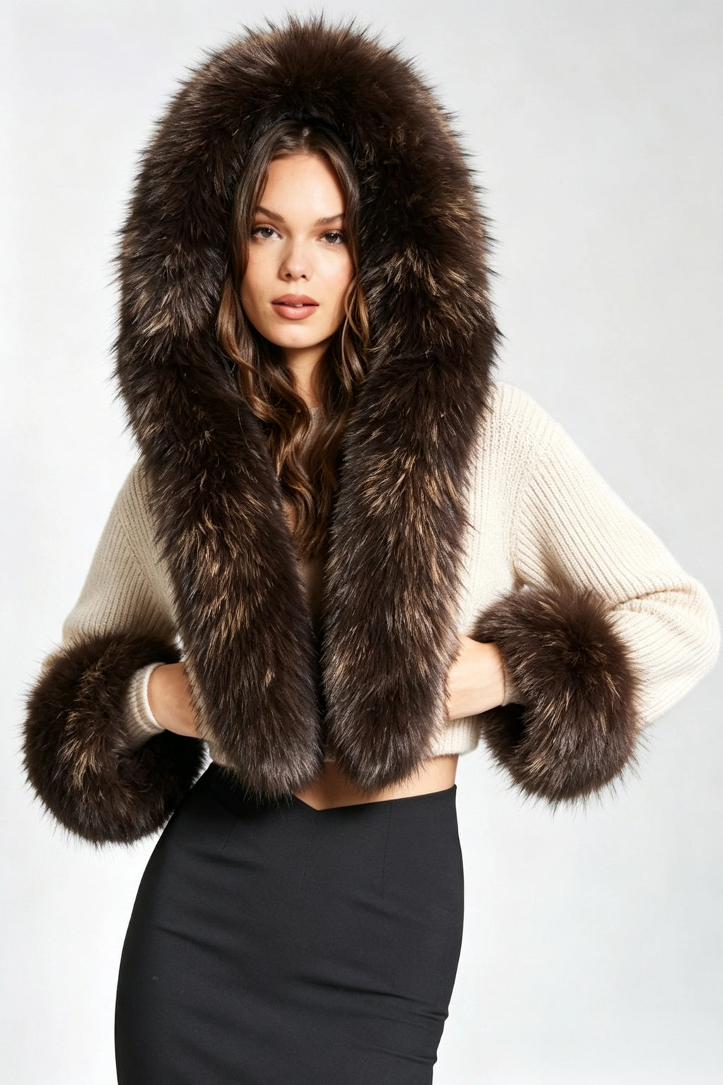 Cream Cropped Knit Hooded Cardigan with Oversized Faux Fur Collar & Cuffs