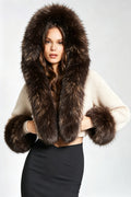 Cream Cropped Knit Hooded Cardigan with Oversized Faux Fur Collar & Cuffs