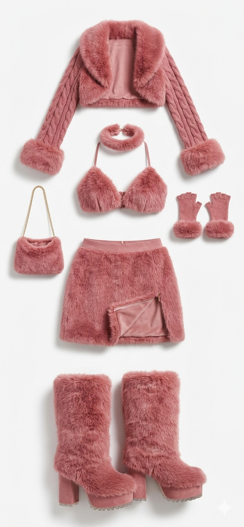 Luxury Faux Fur Winter Glam Set - Dusty Pink Cable Knit Bolero, Mini Skirt.