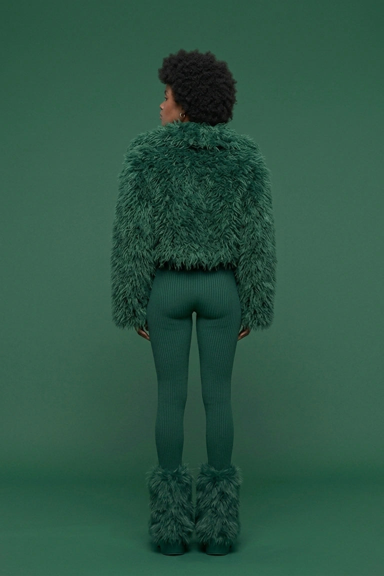 Emerald Shag Faux Fur 3-Piece Statement Set - Cropped Jacket, Ribbed Bodysuit & Matching Leg Warmers