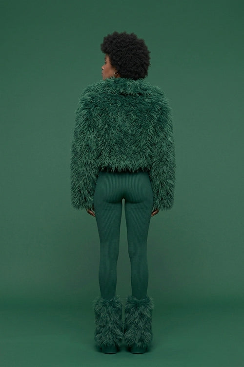 Emerald Shag Faux Fur 3-Piece Statement Set - Cropped Jacket, Ribbed Bodysuit & Matching Leg Warmers