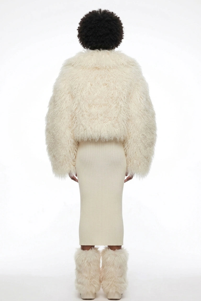 Ivory Cloud Faux Fur 3-Piece Set - Cropped Shaggy Jacket, Ribbed Maxi Skirt & Matching Leg Warmers