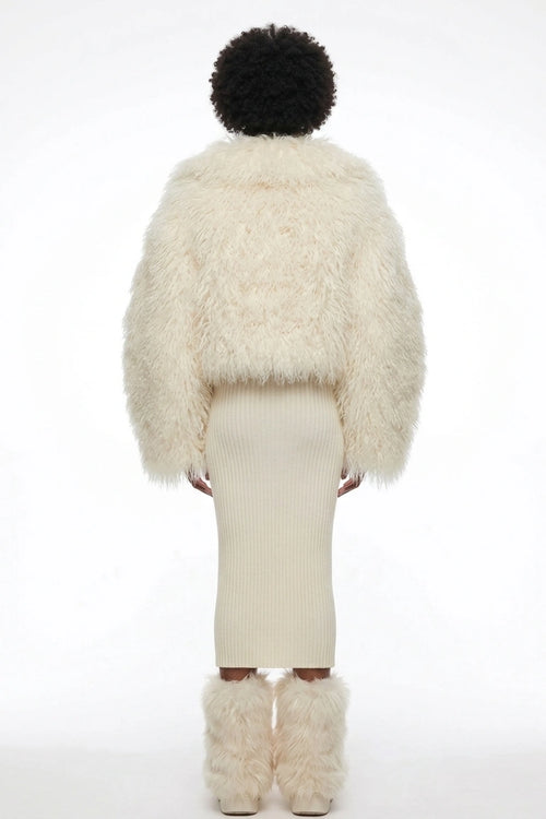 Ivory Cloud Faux Fur 3-Piece Set - Cropped Shaggy Jacket, Ribbed Maxi Skirt & Matching Leg Warmers