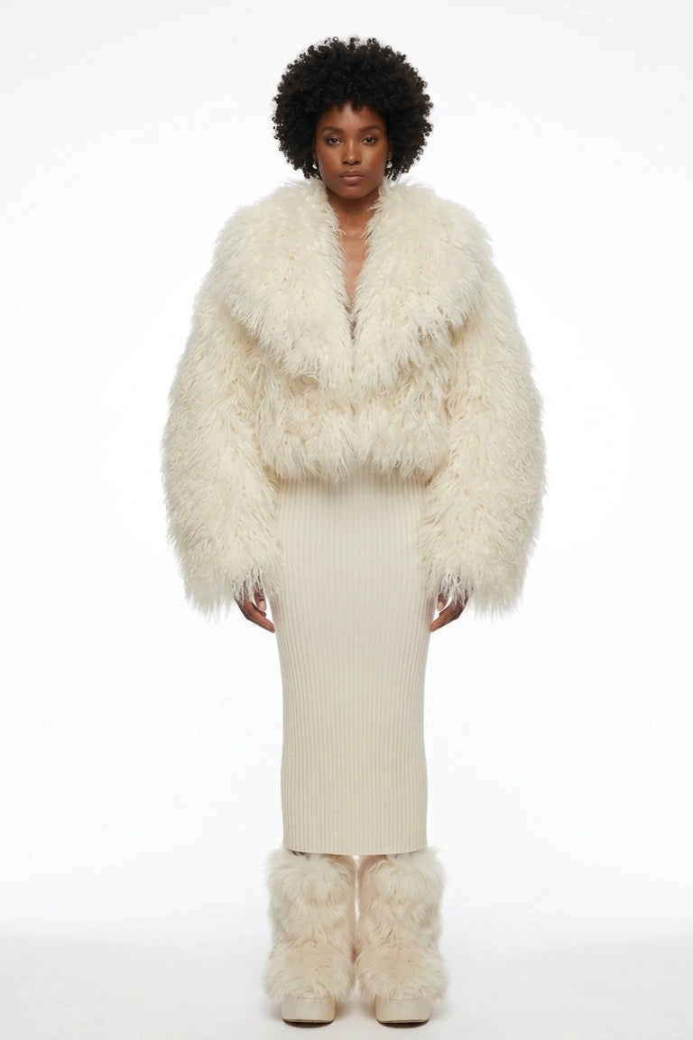 Ivory Cloud Faux Fur 3-Piece Set - Cropped Shaggy Jacket, Ribbed Maxi Skirt & Matching Leg Warmers