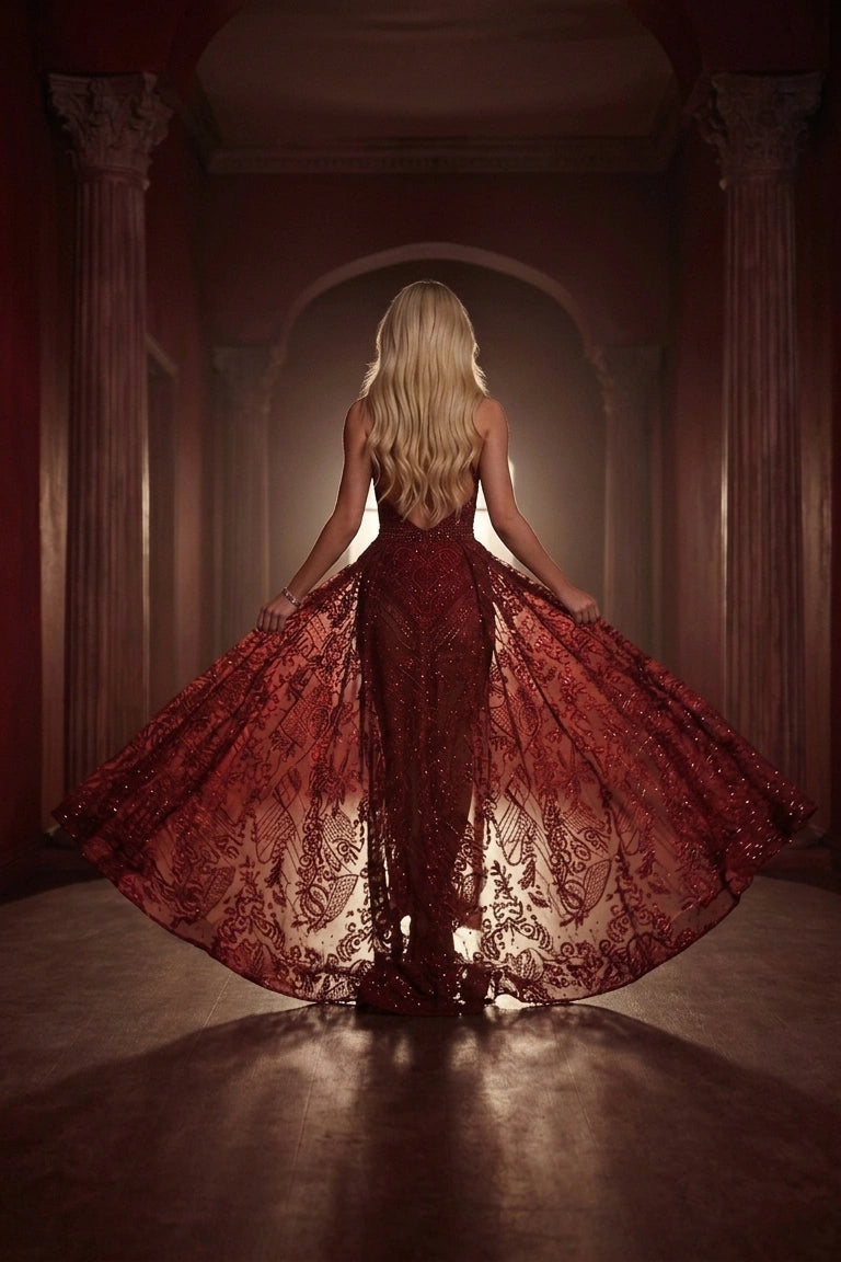 Scarlet Enchantment Lace Sequin Gown - Illusion Halter Neck & Backless Floor-Length Dress