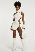 Ivory Faux Fur Cut-Out Statement Set -Shoulder Top, Mini Skirt