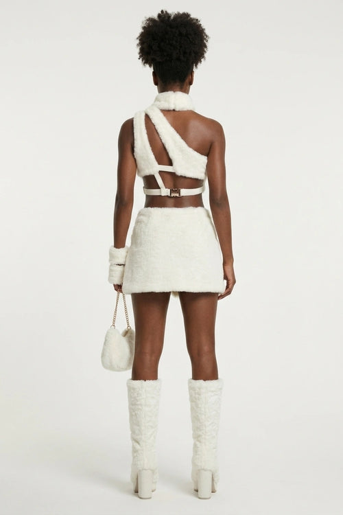 Ivory Faux Fur Cut-Out Statement Set -Shoulder Top, Mini Skirt