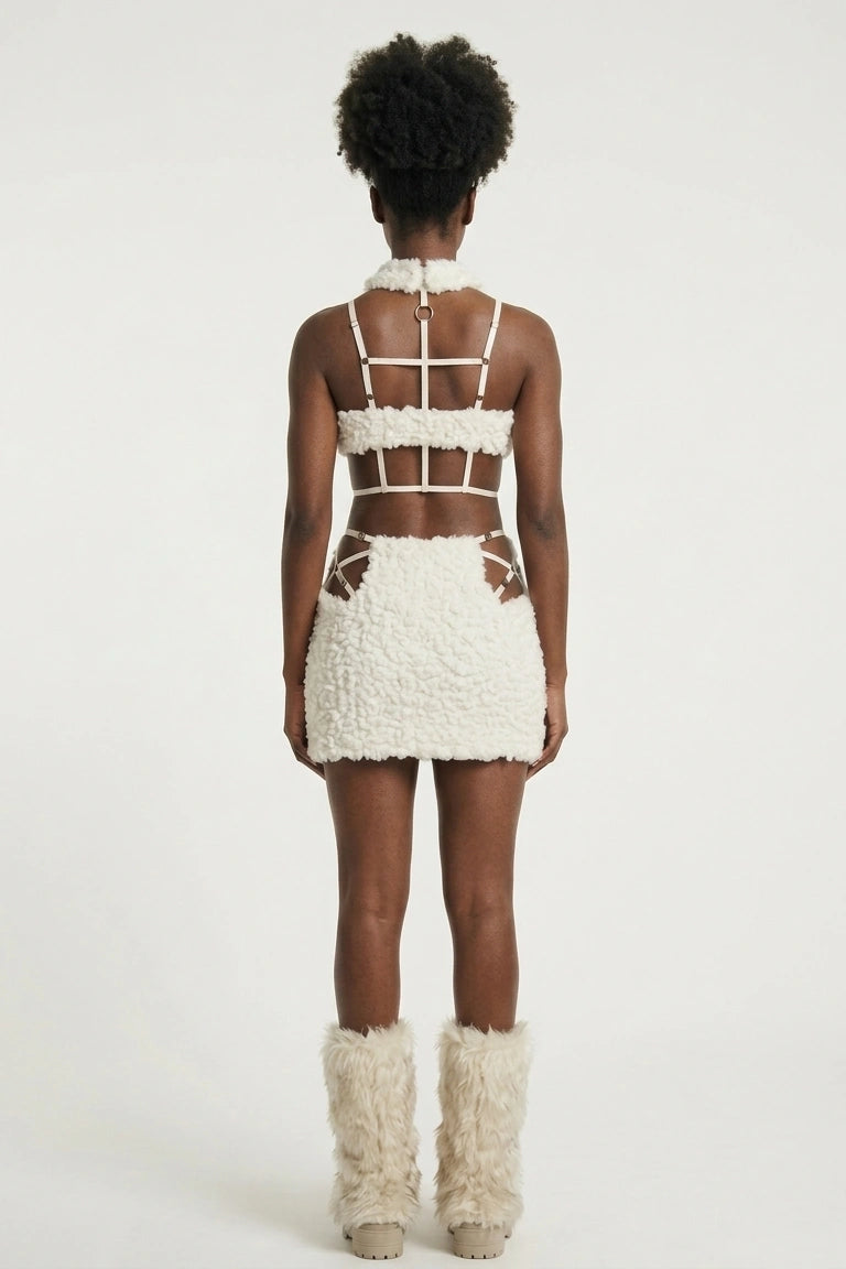 Ivory Sherpa Heart-Cutout 4-Piece Set - Harness Bra, Mini Skirt & Faux Fur Leg Warmers