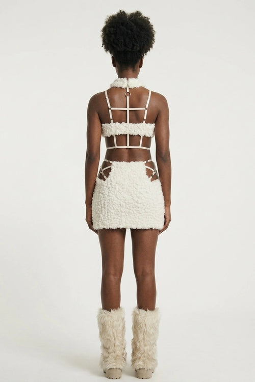 Ivory Sherpa Heart-Cutout 4-Piece Set - Harness Bra, Mini Skirt & Faux Fur Leg Warmers