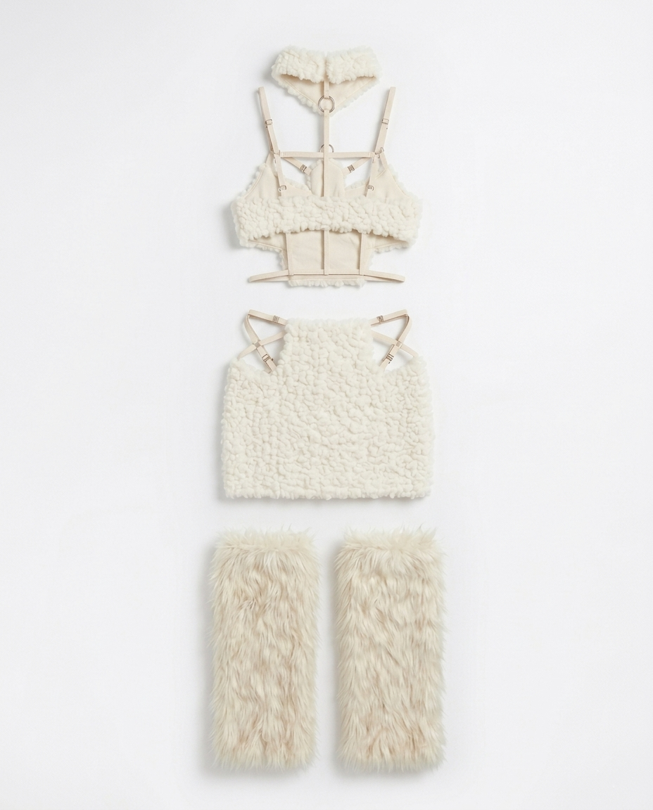 Ivory Sherpa Heart-Cutout 4-Piece Set - Harness Bra, Mini Skirt & Faux Fur Leg Warmers