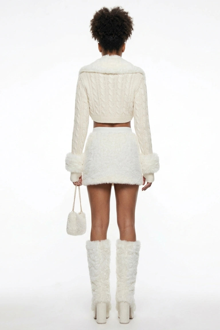Ivory Cable Knit & Faux Fur 5-Piece Glam Set - Bolero, Bra Top, Skirt, Choker & Cuffs