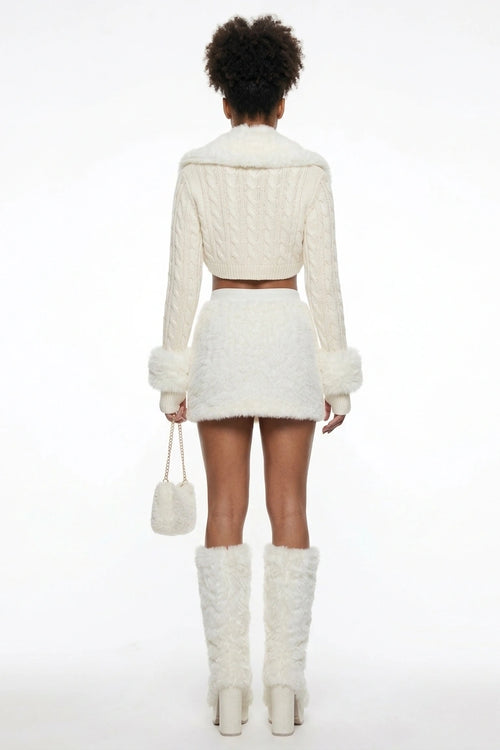 Ivory Cable Knit & Faux Fur 5-Piece Glam Set - Bolero, Bra Top, Skirt, Choker & Cuffs