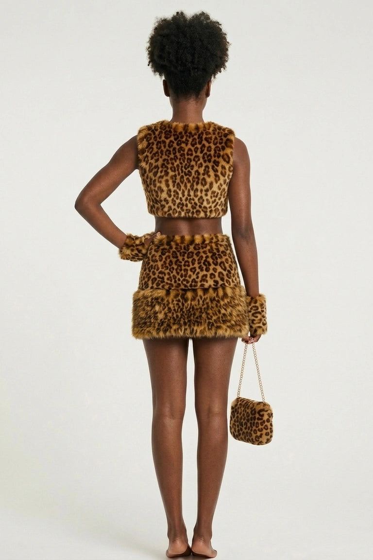 Wild Whisper Leopard Faux Fur 4-Piece Set - Cropped Tank, Tiered Mini Skirt & Cuffs
