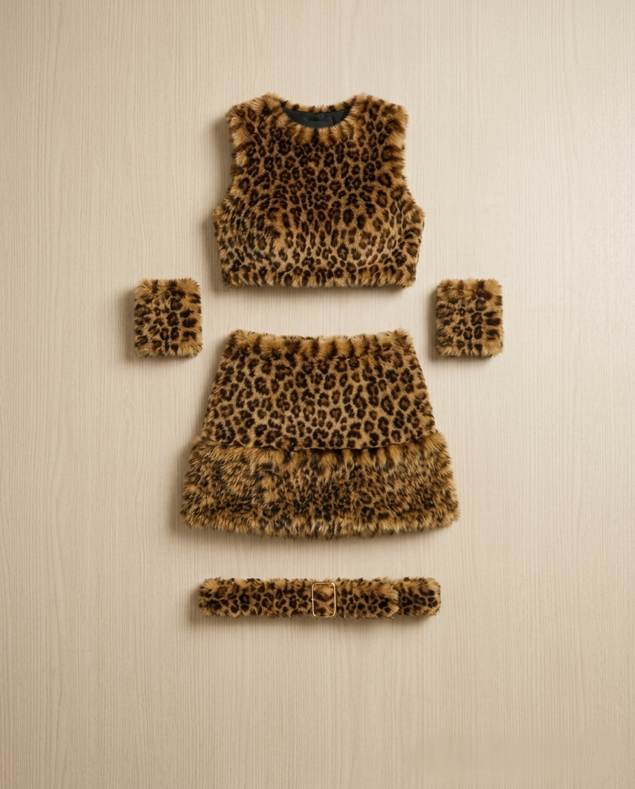 Wild Whisper Leopard Faux Fur 4-Piece Set - Cropped Tank, Tiered Mini Skirt & Cuffs