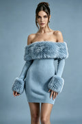 Off‑Shoulder Faux Fur Trim Bodycon Knit Mini Dress Dusty Blue