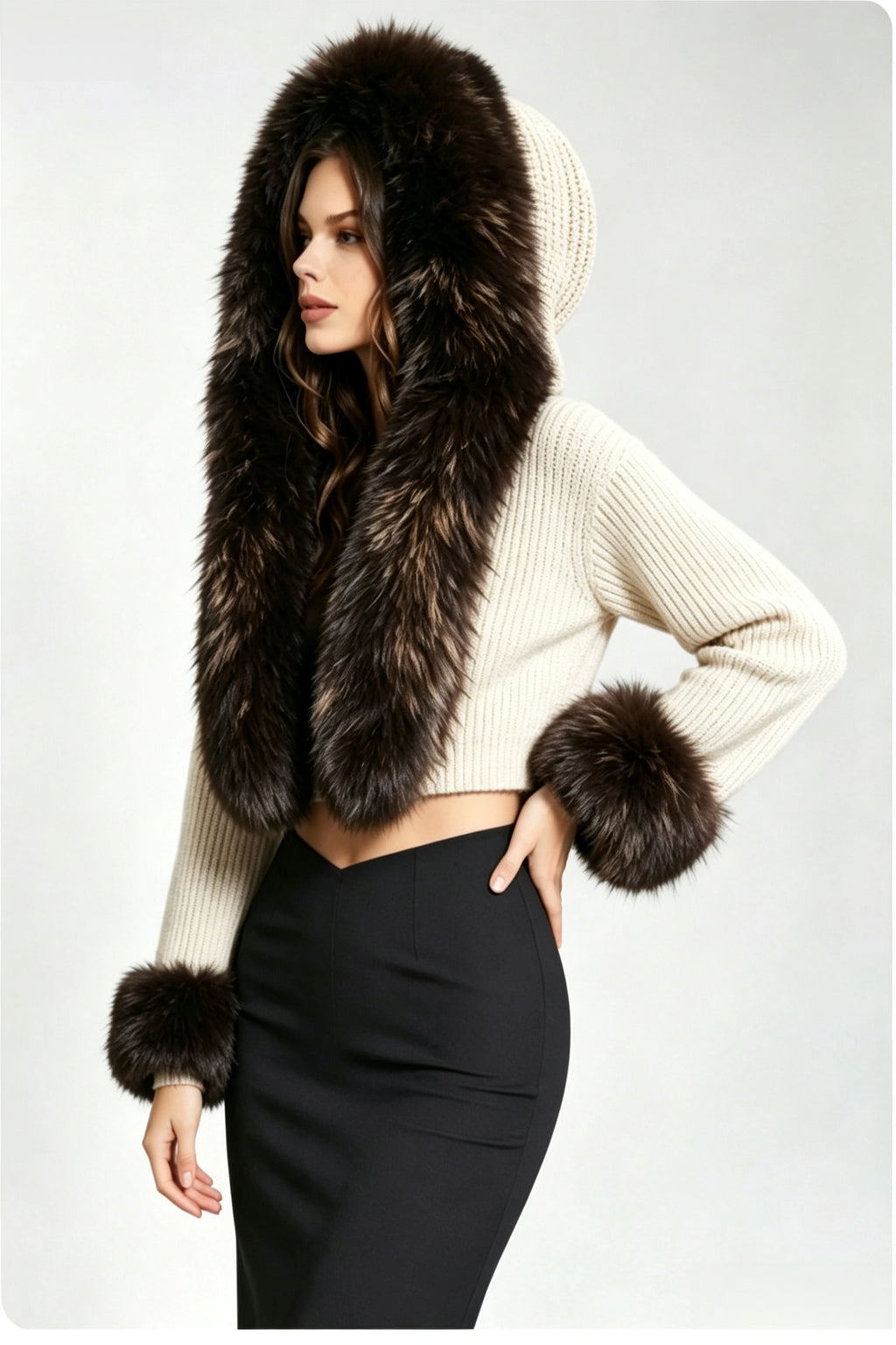 Cream Cropped Knit Hooded Cardigan with Oversized Faux Fur Collar & Cuffs