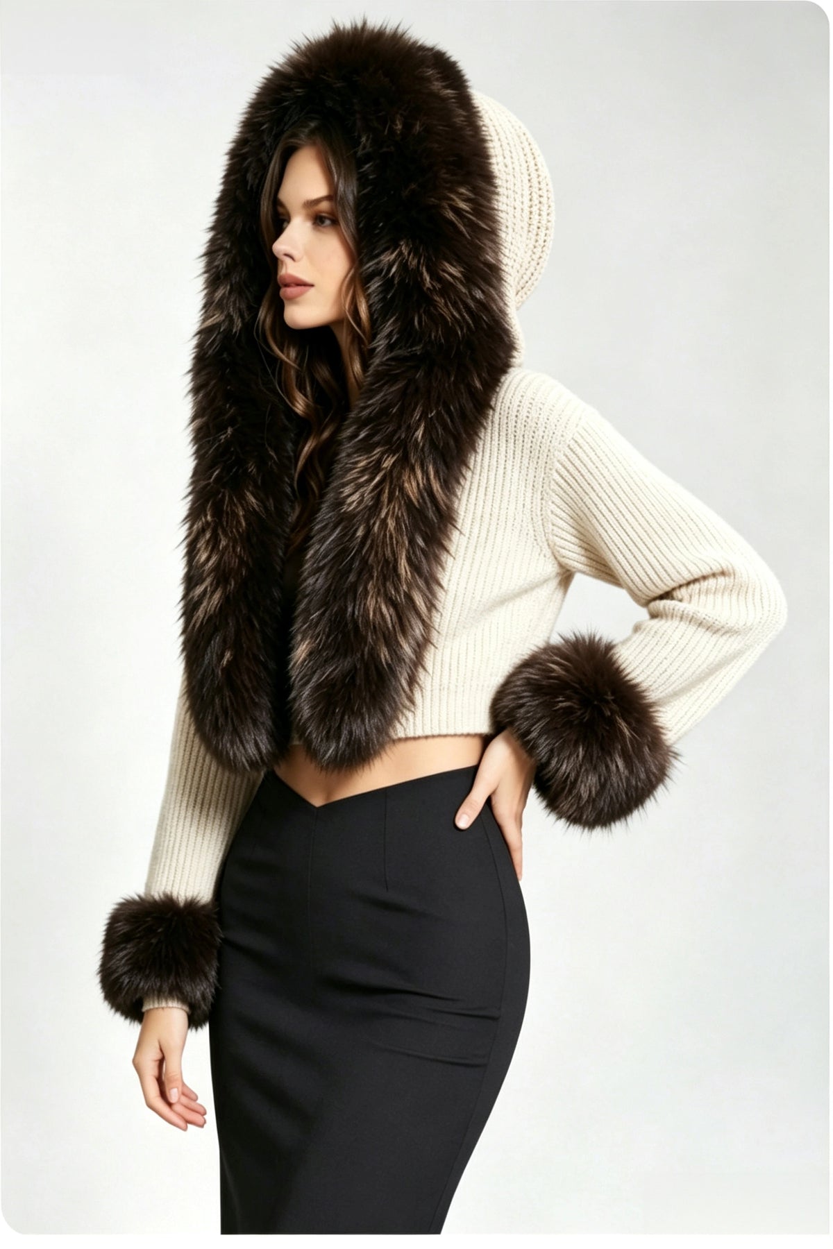 Cream Cropped Knit Hooded Cardigan with Oversized Faux Fur Collar & Cuffs