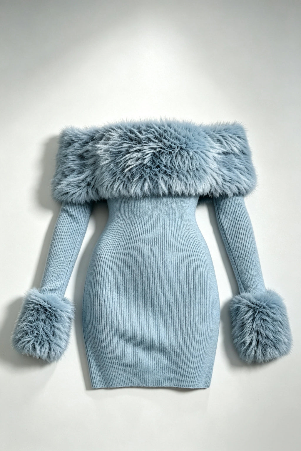 Off‑Shoulder Faux Fur Trim Bodycon Knit Mini Dress Dusty Blue