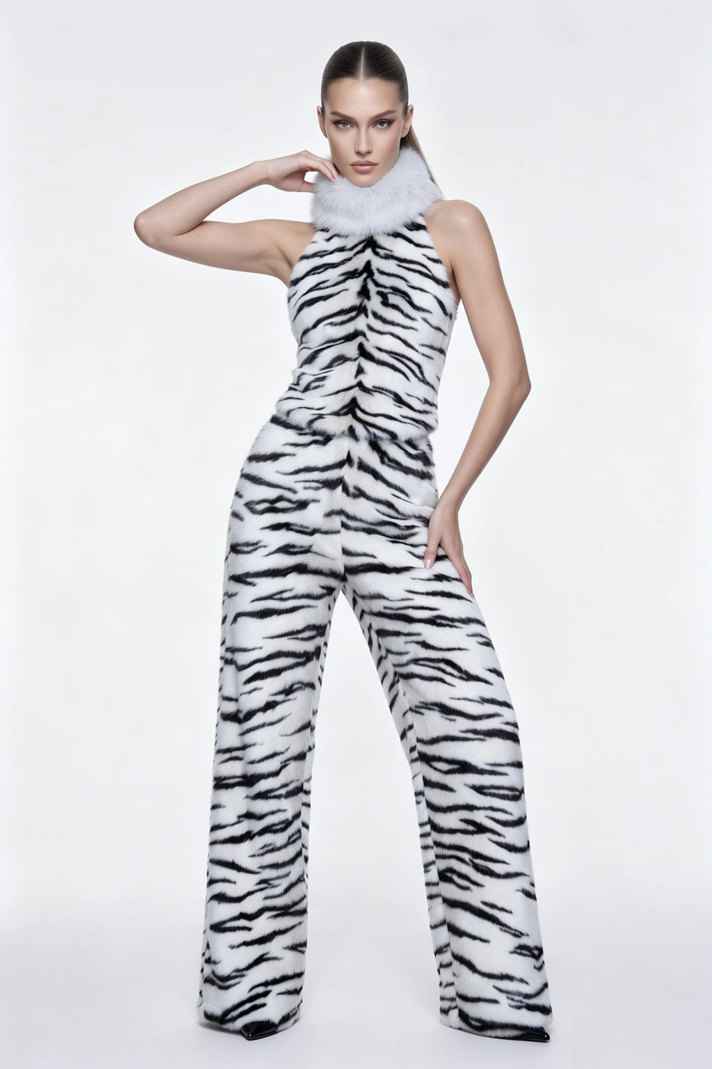 Black‑White Zebra Stripe Faux Fur Two‑Piece Outfit Halter Top + Wide Leg Trousers