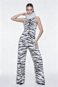 Black‑White Zebra Stripe Faux Fur Two‑Piece Outfit Halter Top + Wide Leg Trousers