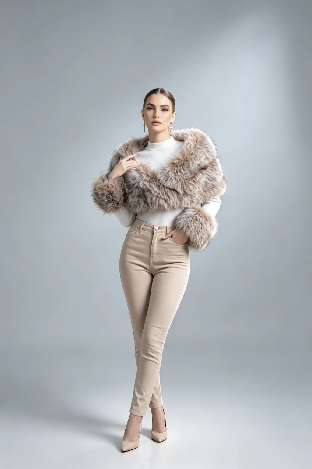 Faux Fur Shawl Collar Knit Two‑Piece Top With Fur Cuffs