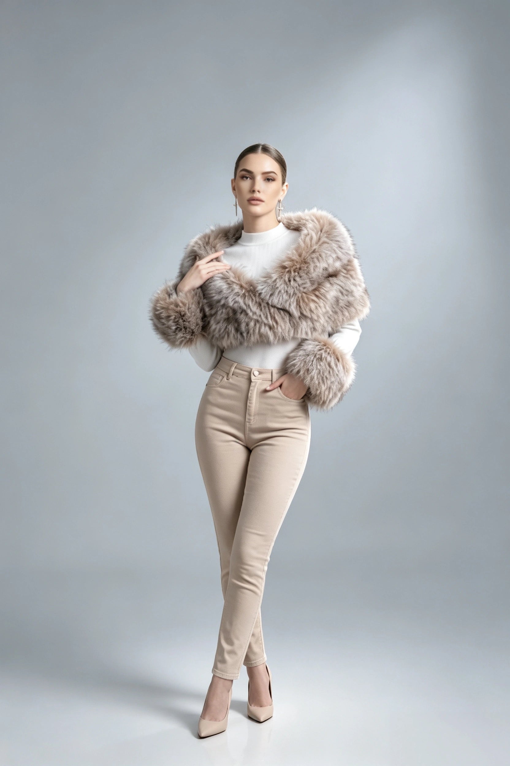 Faux Fur Shawl Collar Knit Two‑Piece Top With Fur Cuffs