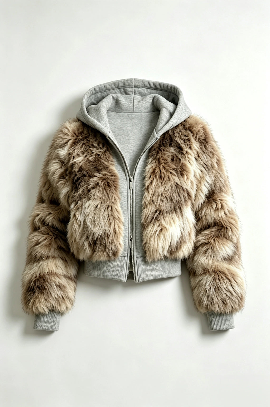 Two‑Layer Mixed Faux Fur Hooded Cropped Jacket Sweatshirt Combo Design