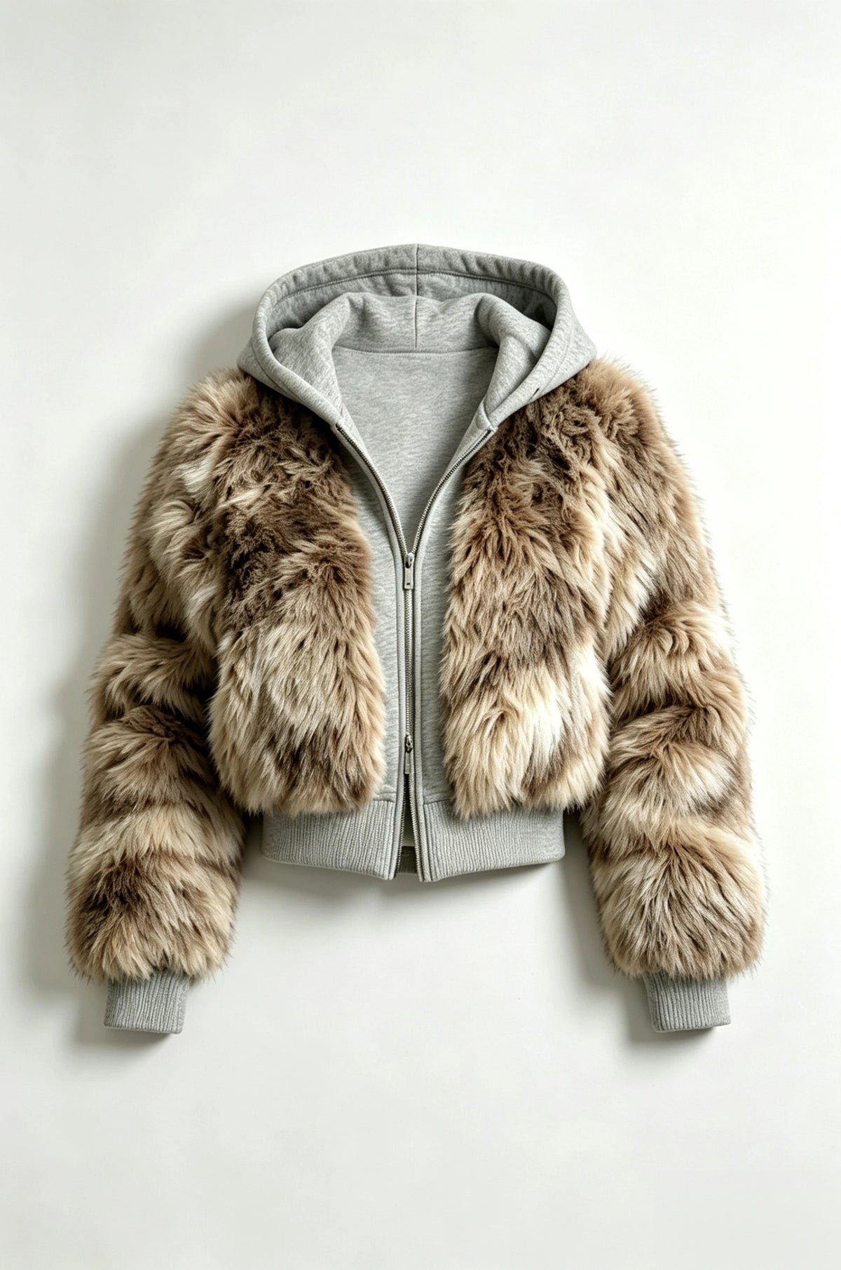 Two‑Layer Mixed Faux Fur Hooded Cropped Jacket Sweatshirt Combo Design