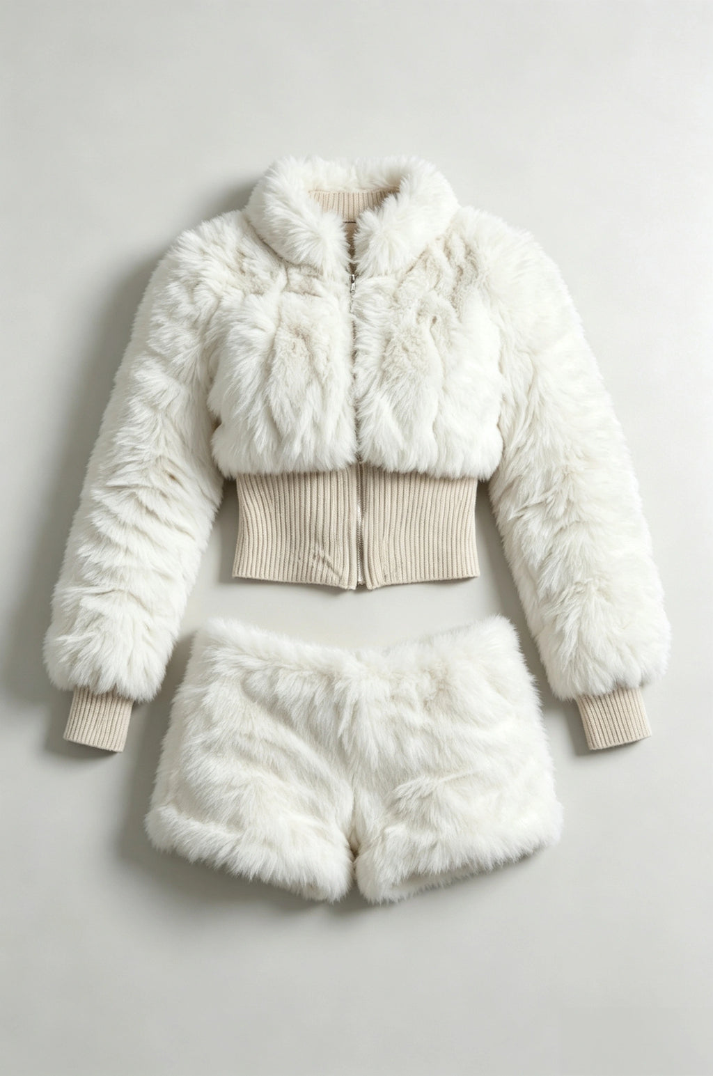 White Faux Fur & Ribbed Knit Co‑ord Set