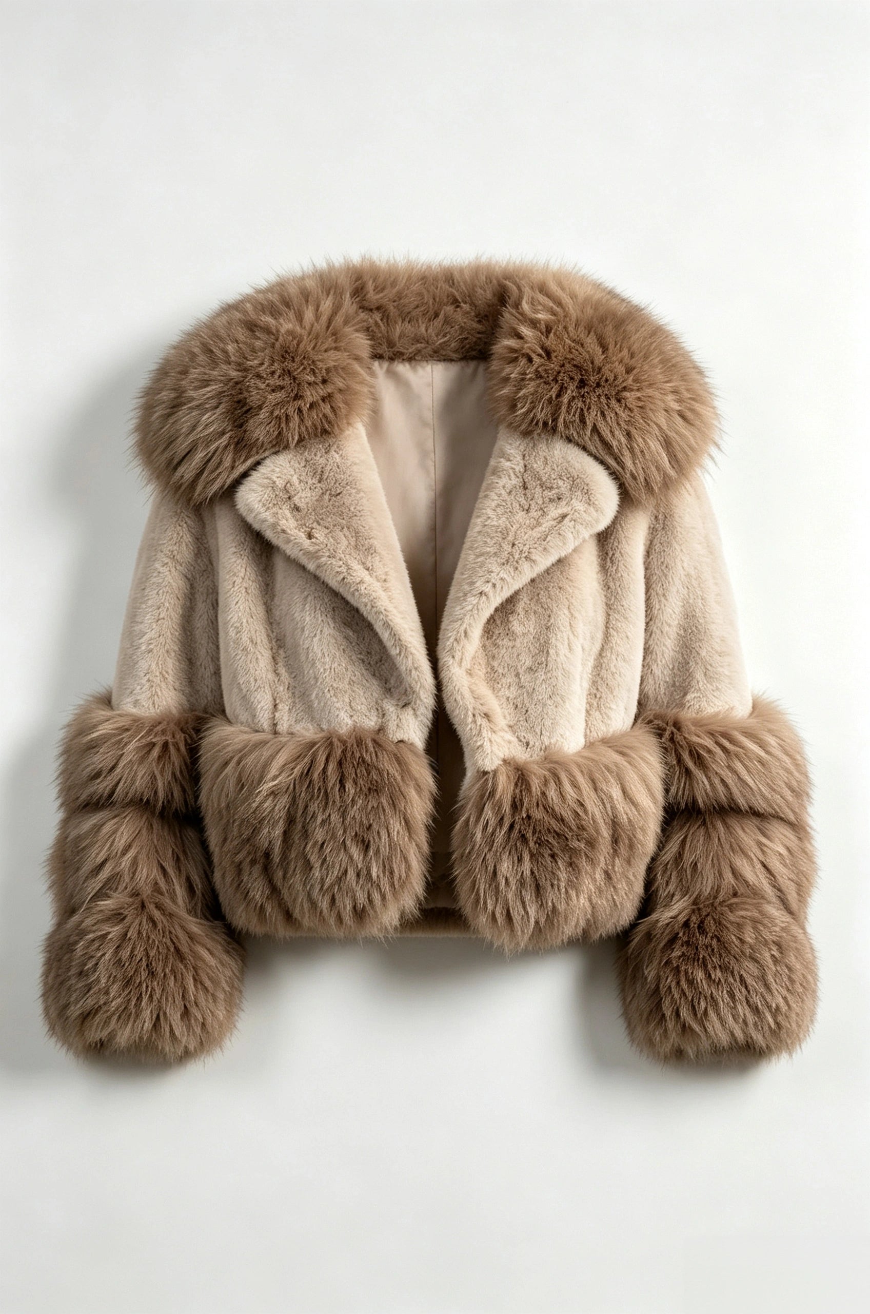 Two‑Tone Faux Fur Cropped Jacket Wide Collar Contrast Fluffy Fur Sleeves