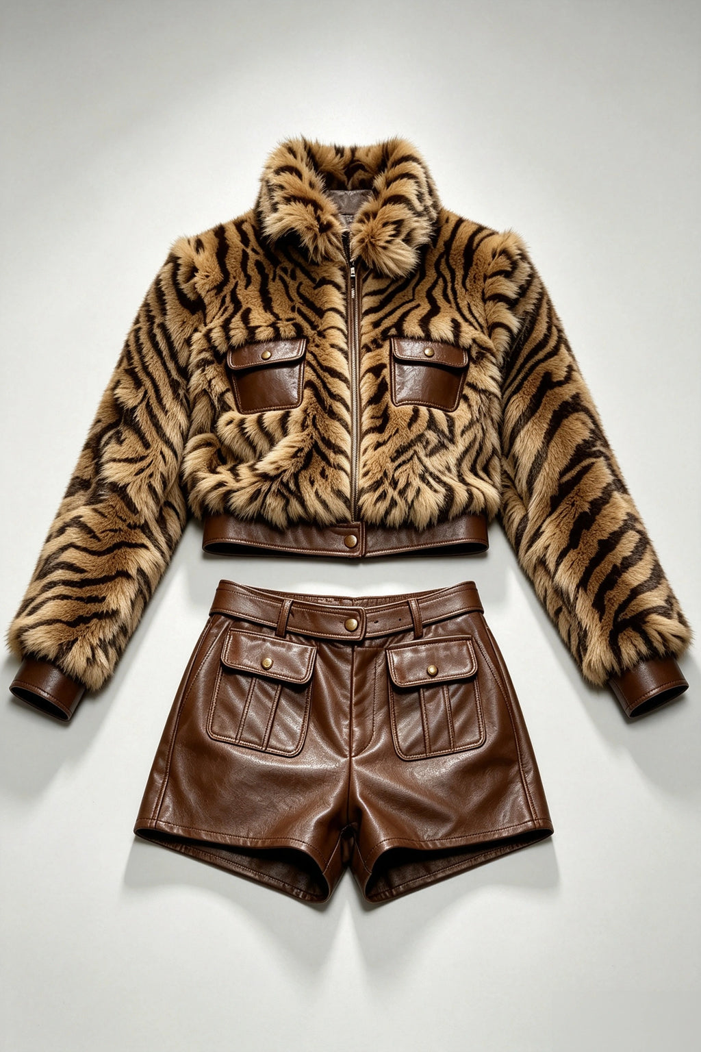 Tiger Print Faux Fur Cropped Jacket & Faux Leather Shorts Co‑ord Set