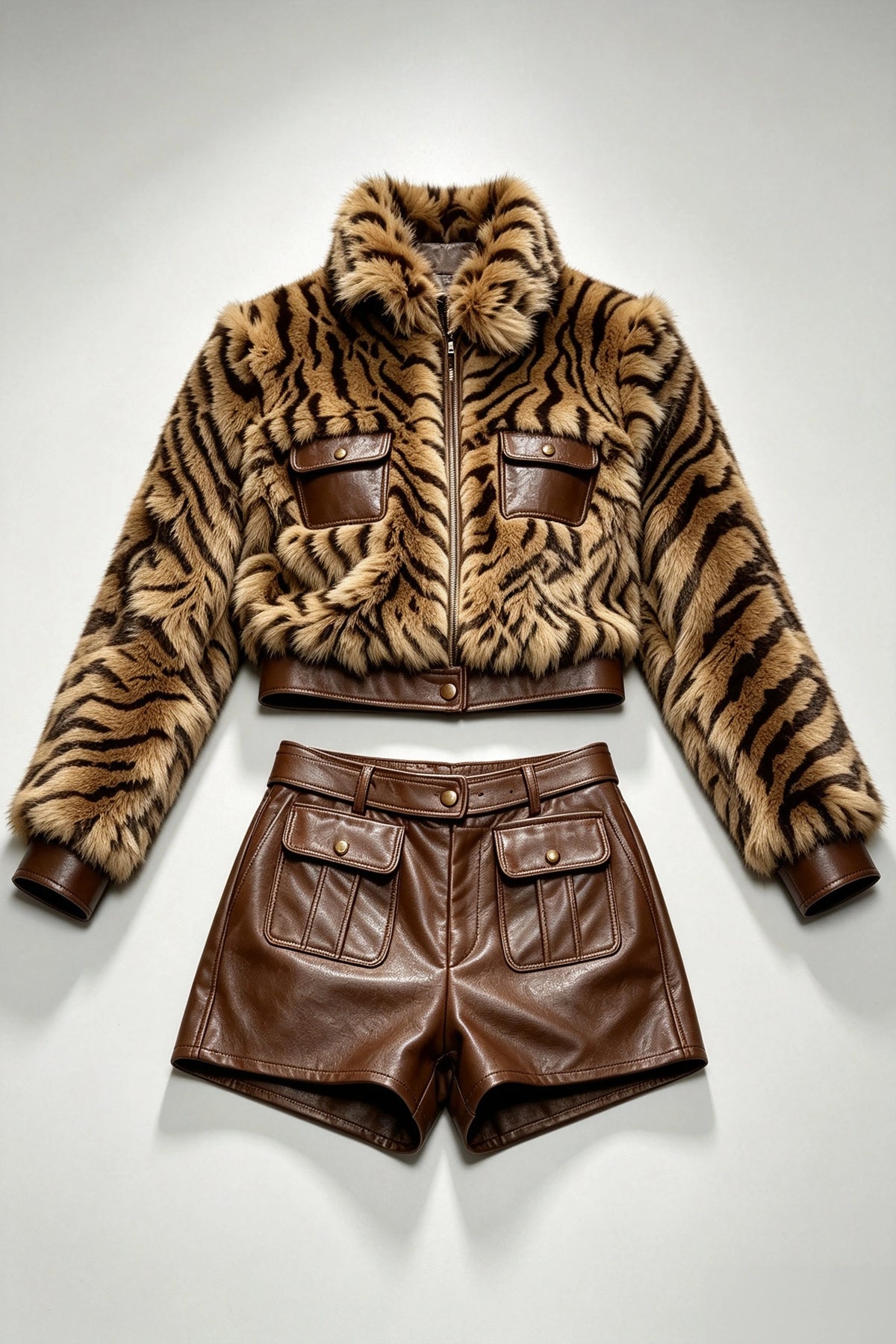 Tiger Print Faux Fur Cropped Jacket & Faux Leather Shorts Co‑ord Set