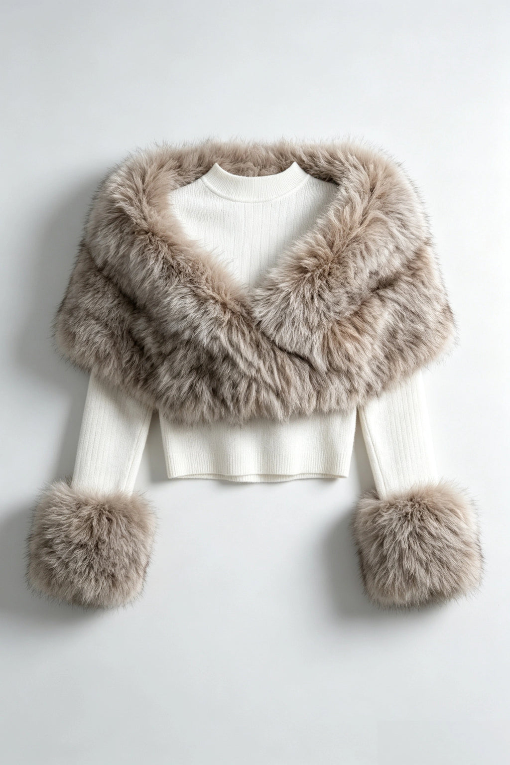 Faux Fur Shawl Collar Knit Two‑Piece Top With Fur Cuffs