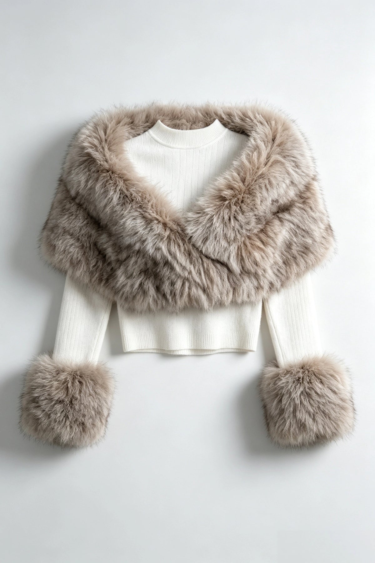 Faux Fur Shawl Collar Knit Two‑Piece Top With Fur Cuffs