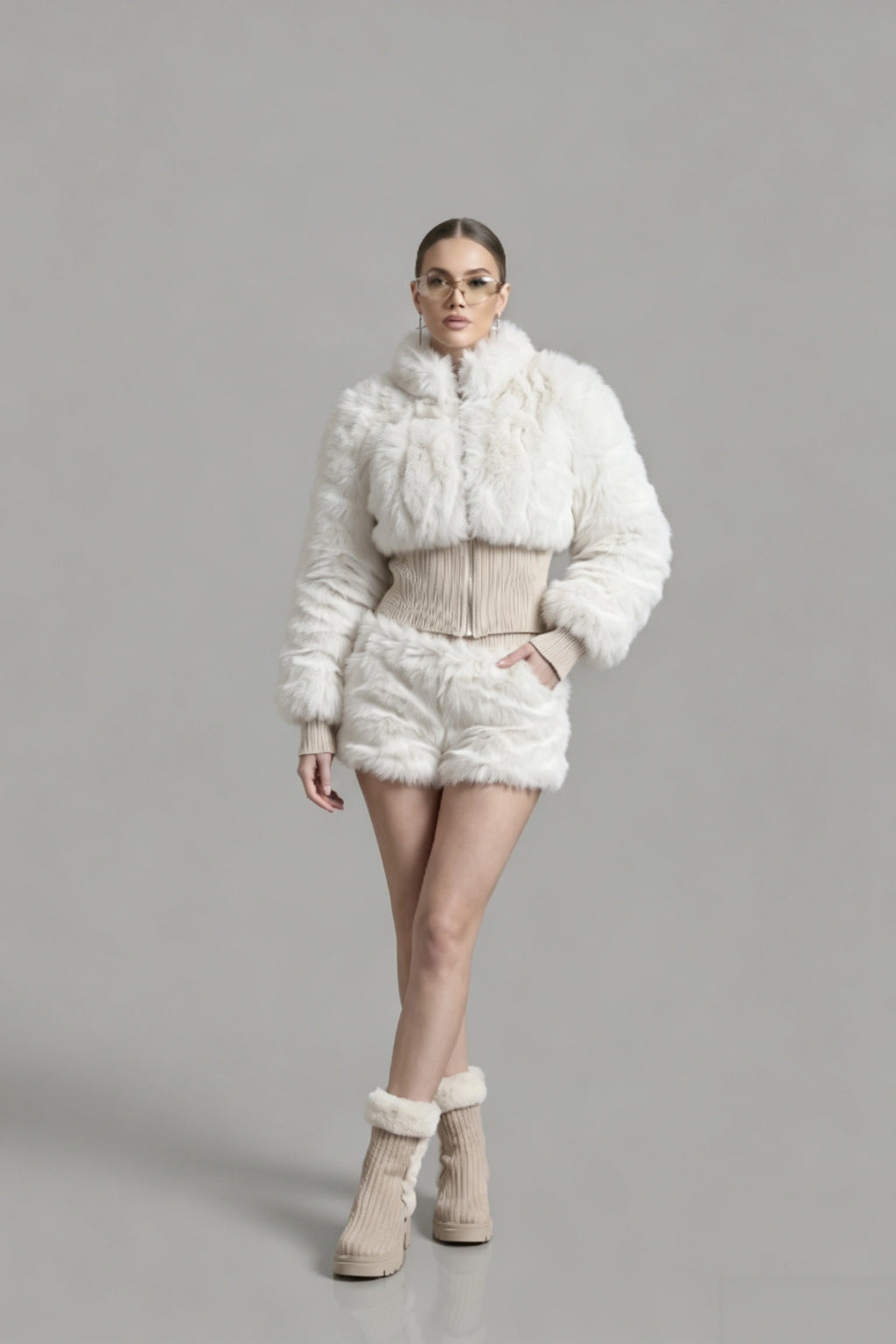 White Faux Fur & Ribbed Knit Co‑ord Set