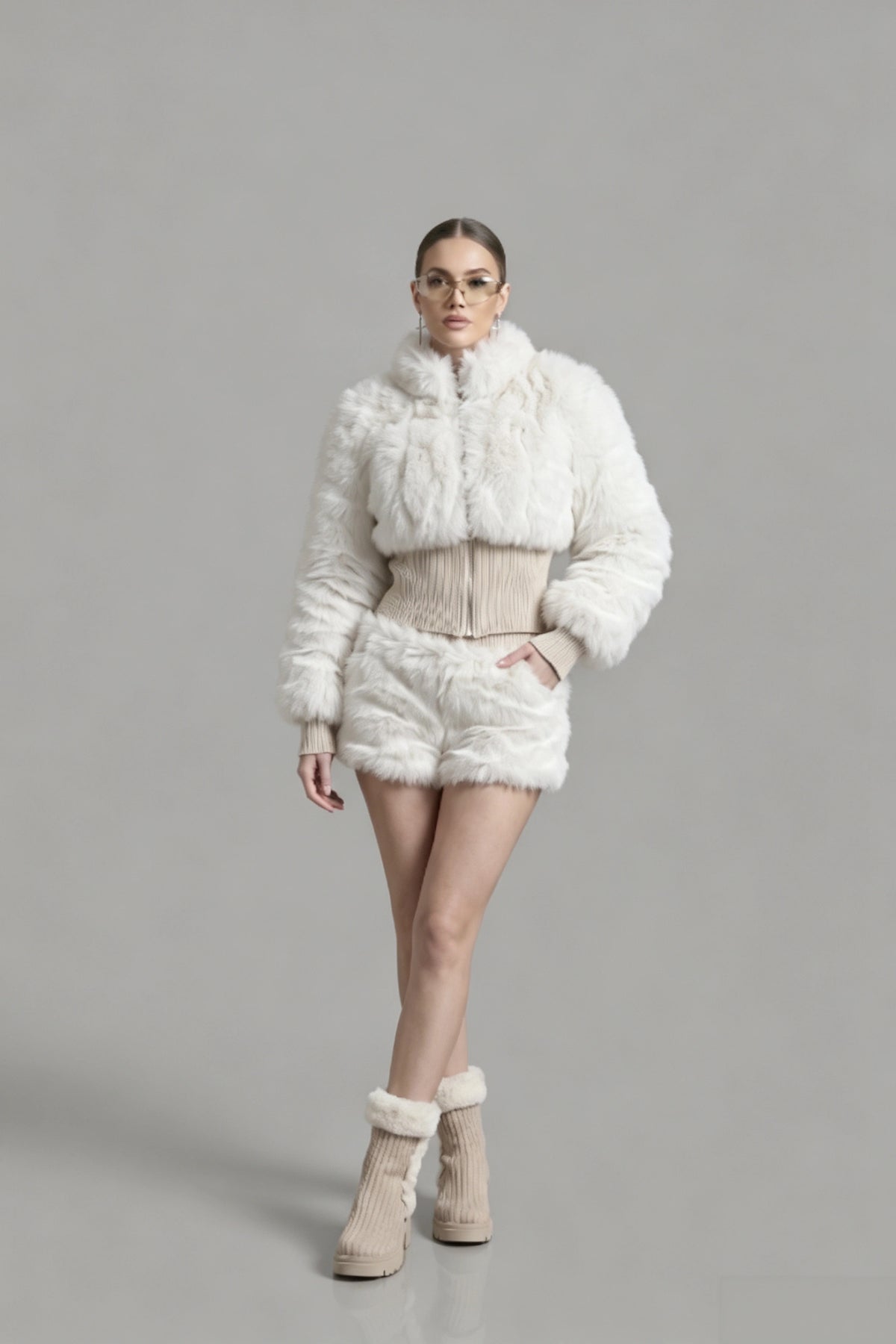 White Faux Fur & Ribbed Knit Co‑ord Set
