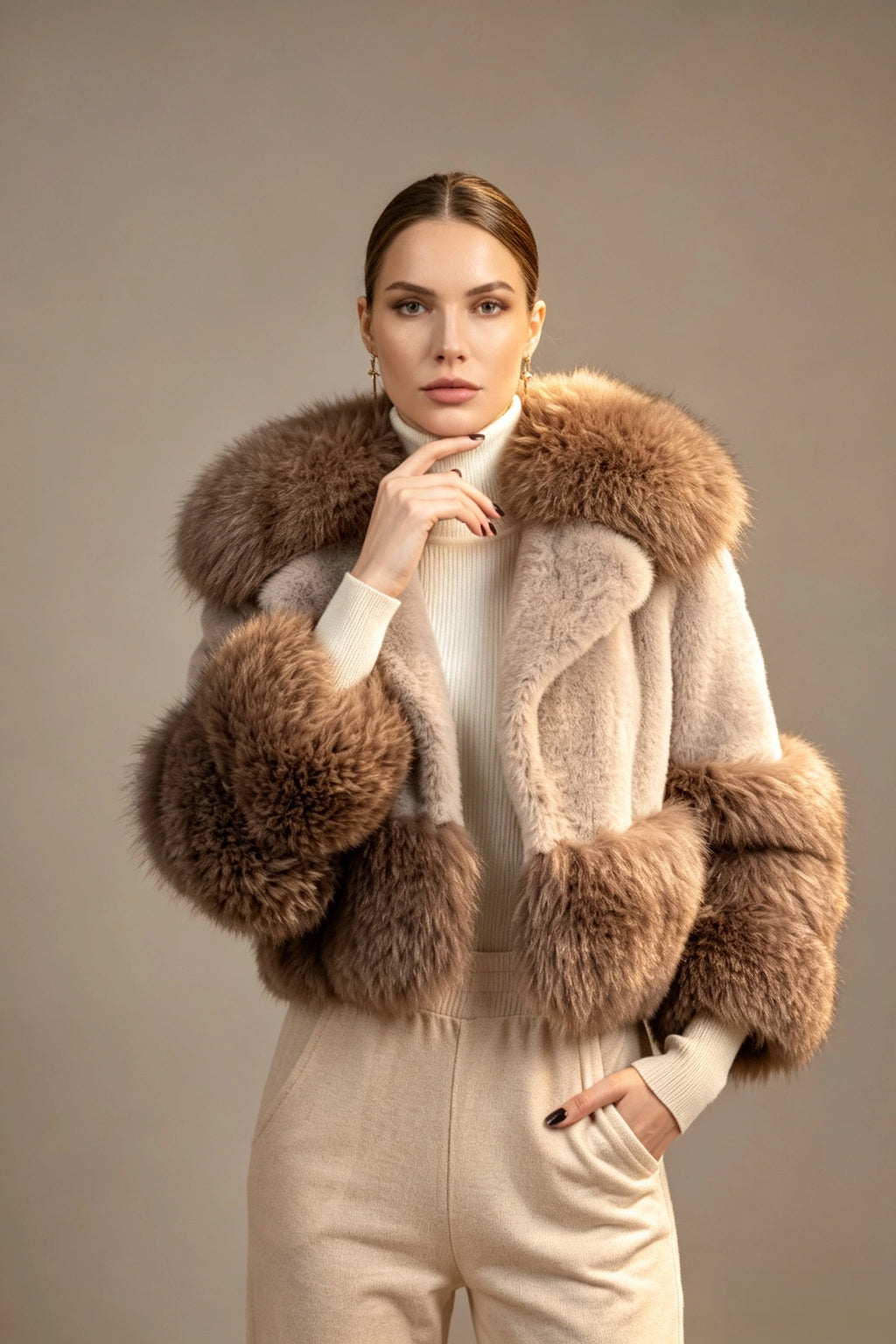 Two‑Tone Faux Fur Cropped Jacket Wide Collar Contrast Fluffy Fur Sleeves