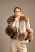 Two‑Tone Faux Fur Cropped Jacket Wide Collar Contrast Fluffy Fur Sleeves