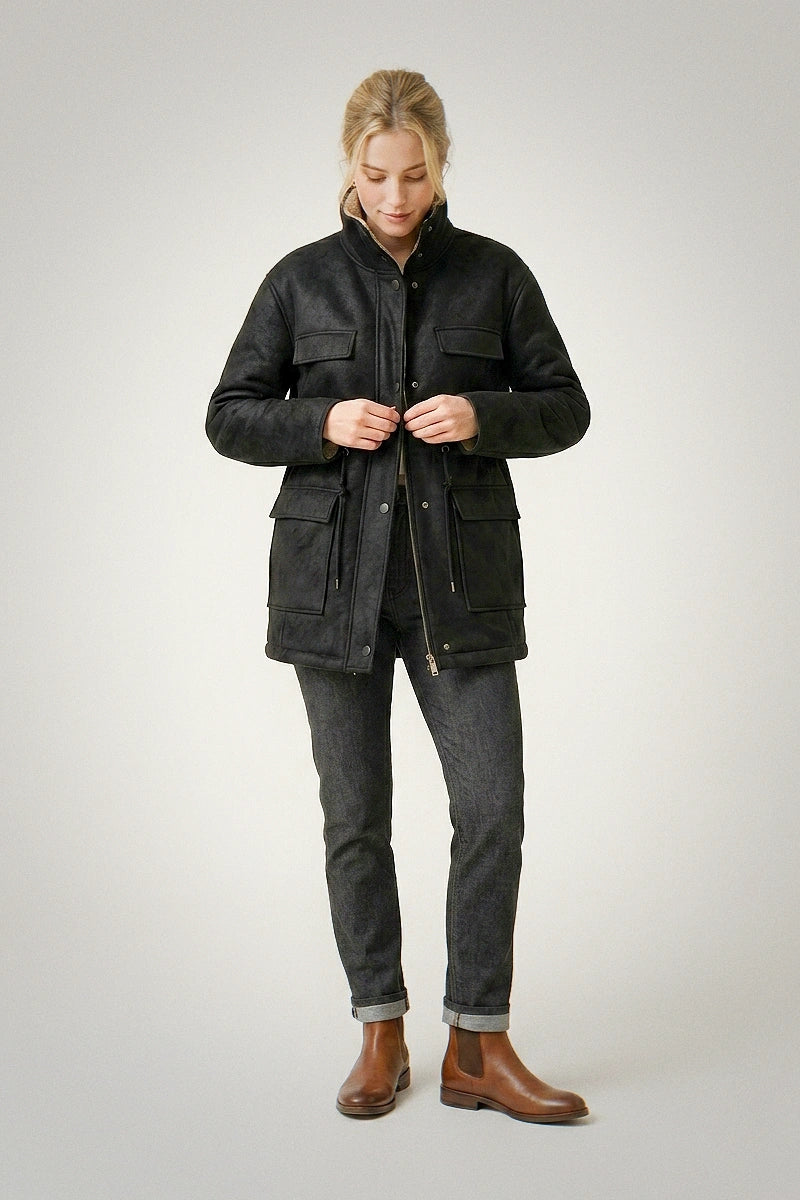 Reversible Black & Cream Faux Shearling Parka - Mid-Length Winter Jacket with Adjustable Waist