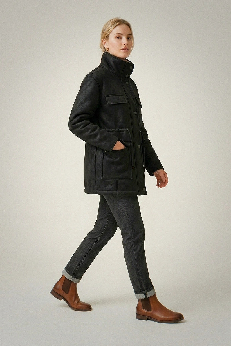 Reversible Black & Cream Faux Shearling Parka - Mid-Length Winter Jacket with Adjustable Waist