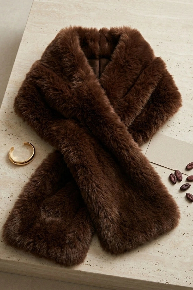 Luxury Chocolate Brown Faux Fur Scarf - Winter Warm Cross-over Muffler & Elegant Stole