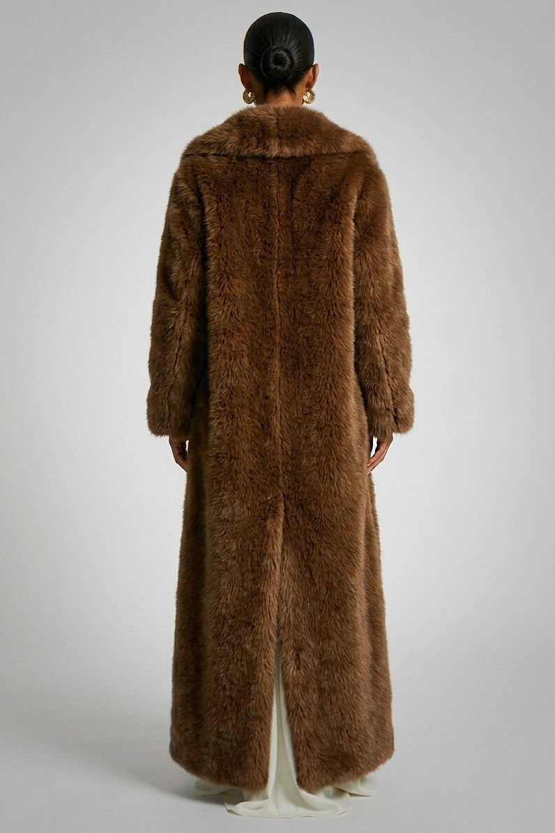 Luxury Chocolate Brown Faux Fur Maxi Coat - Oversized Lapel Longline Winter Statement Coat