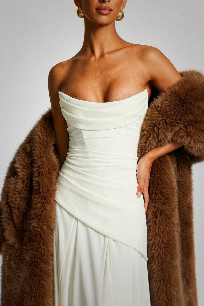 Luxury Chocolate Brown Faux Fur Maxi Coat - Oversized Lapel Longline Winter Statement Coat