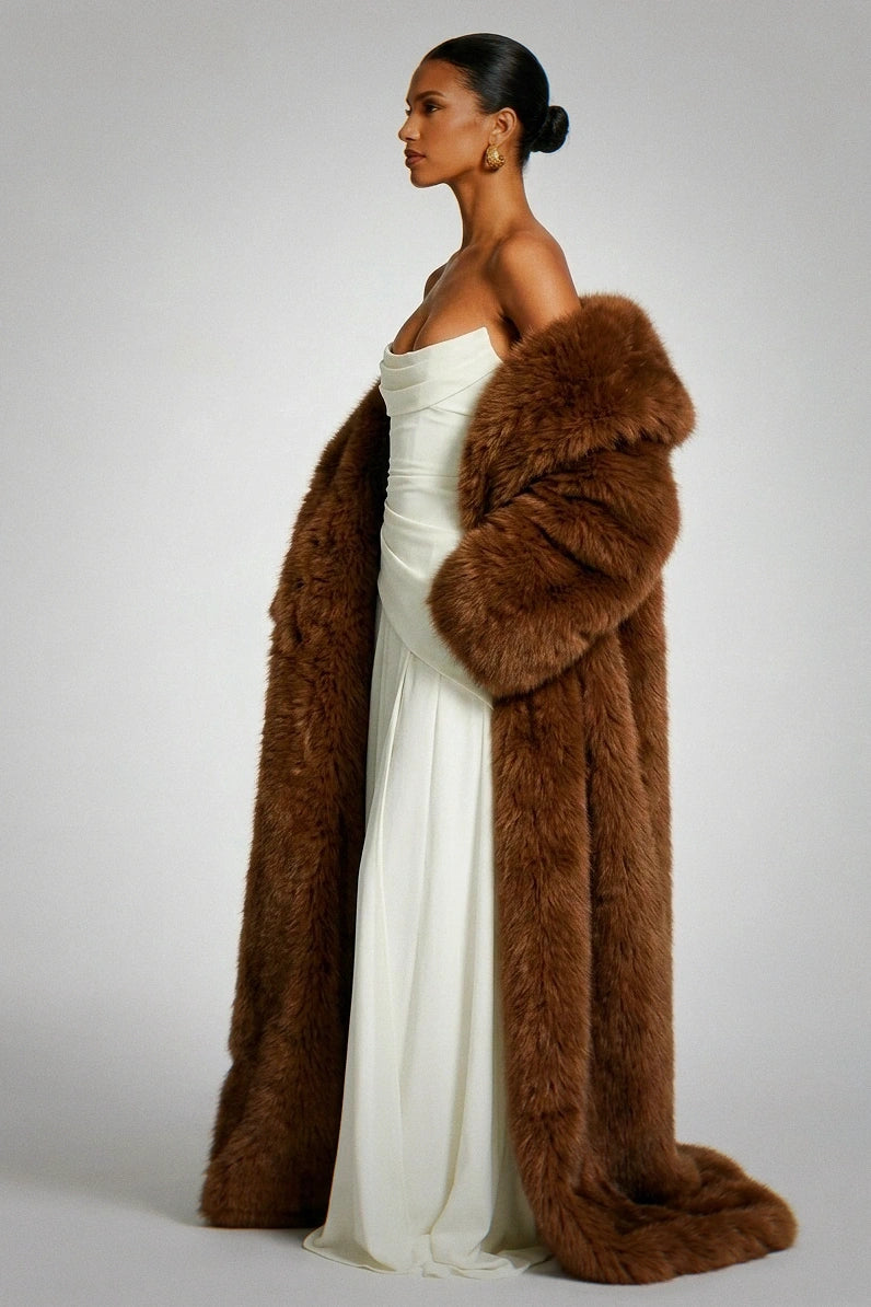 Luxury Chocolate Brown Faux Fur Maxi Coat - Oversized Lapel Longline Winter Statement Coat