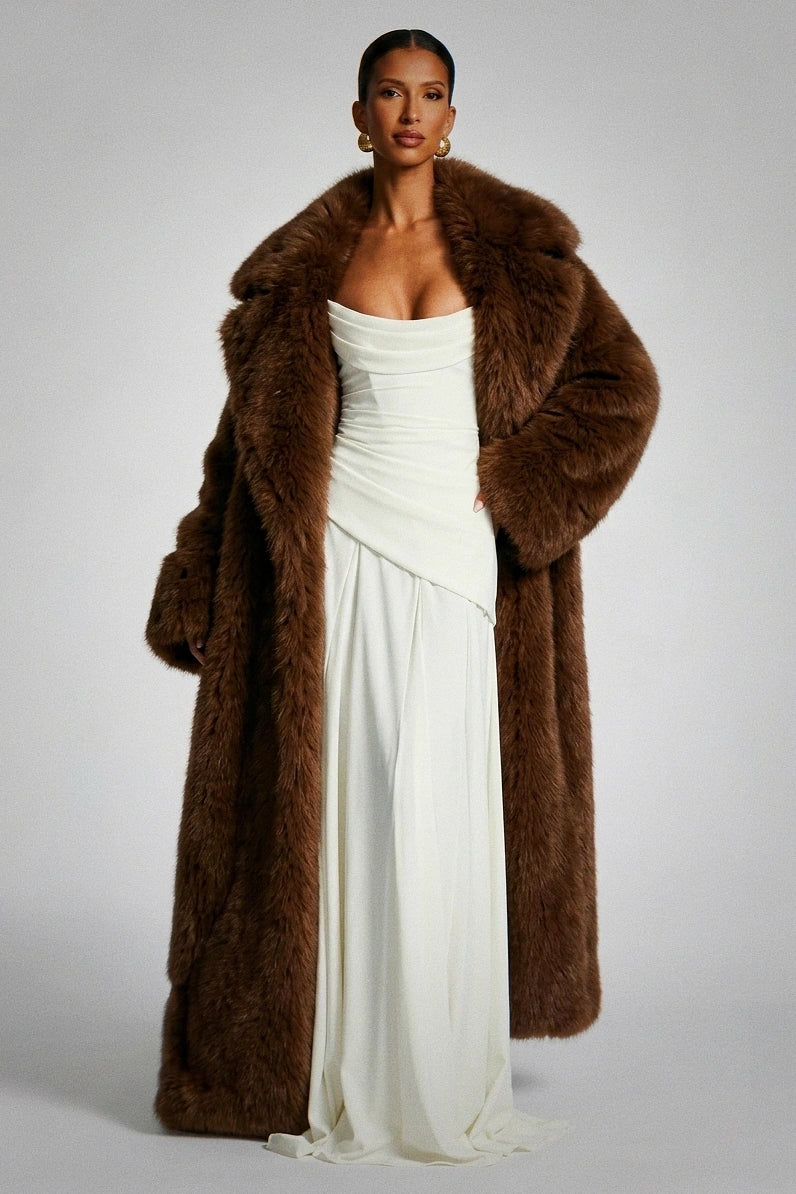 Luxury Chocolate Brown Faux Fur Maxi Coat - Oversized Lapel Longline Winter Statement Coat