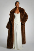 Luxury Chocolate Brown Faux Fur Maxi Coat - Oversized Lapel Longline Winter Statement Coat