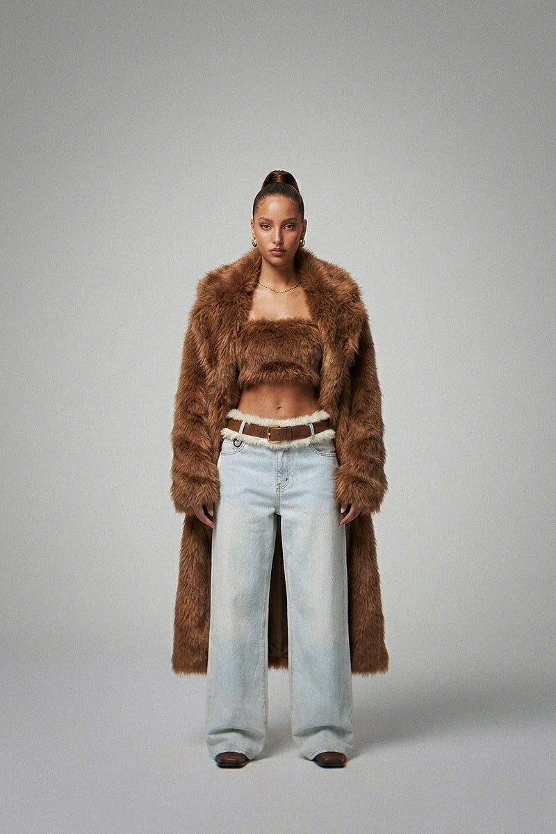 Brown Faux Fur Coat Long Women's Winter Jacket Luxury Look